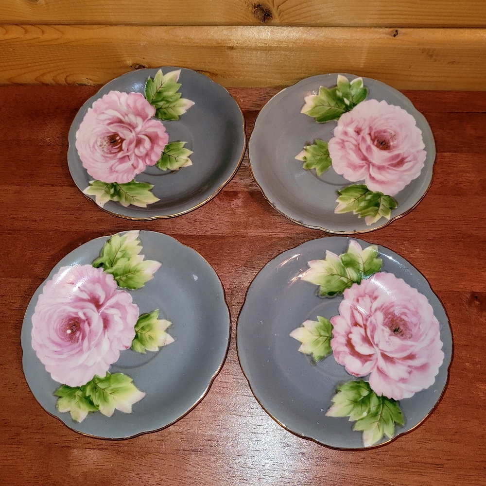 RARE Vintage Tashiro Shoten Hand Painted Teacup Saucers Plates Pink Peonies Rose
